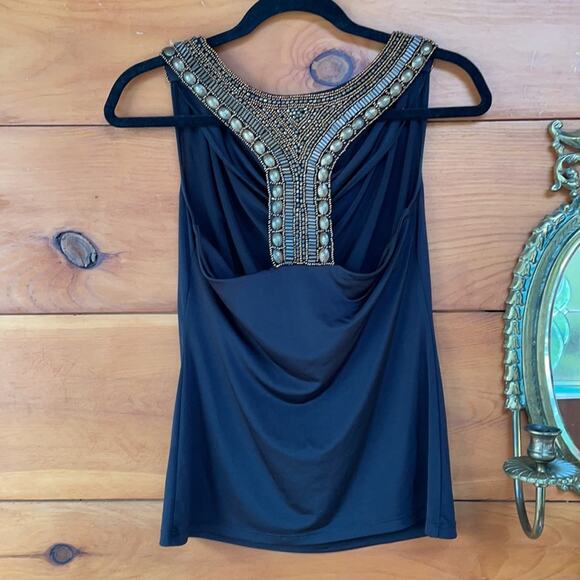 Carmen Marc Valvo Women’s Blue Beaded Sleeveless Cowl Neck Pullover Top Size S - Picture 2 of 6